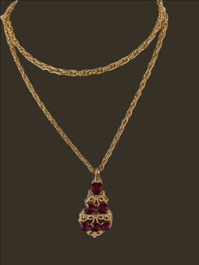 Vintage Necklace Crown Trifari Double Gold-Tone Rope Chain Deep RUBY CRYSTAL